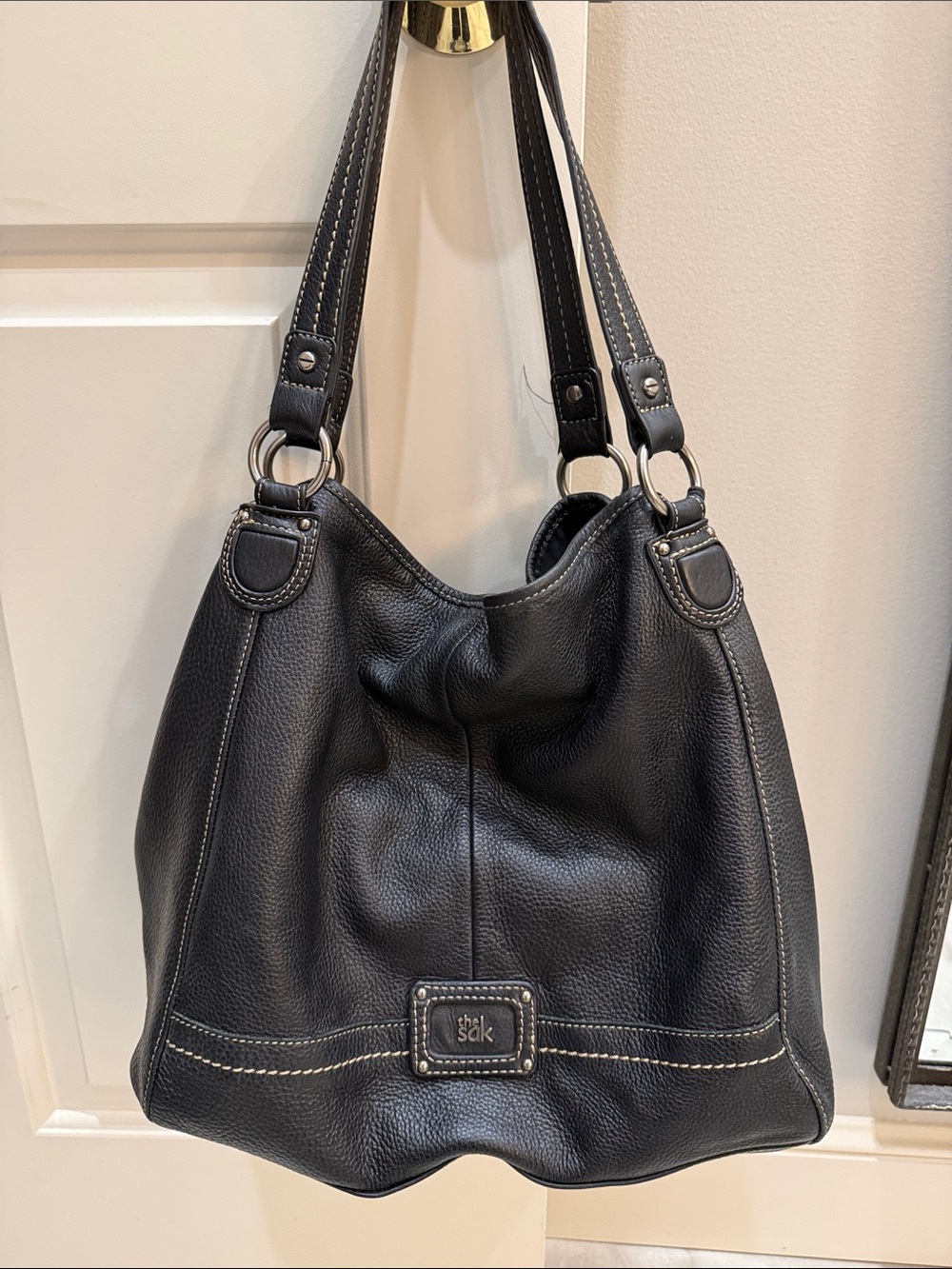 The Sak Black Leather Shoulder Hobo with Contrast Stitching